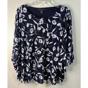 Tahari Women's Navy Floral Print Bat Wing Blouse Size XL